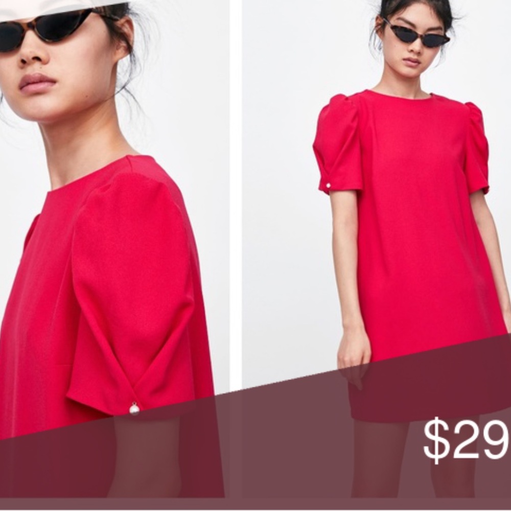 ZARA FUCHSIA/HOT PINK DRESS SIZE XS. PEARL DETAIL ON SLEEVE WORN ONCE.DRY CLEAN